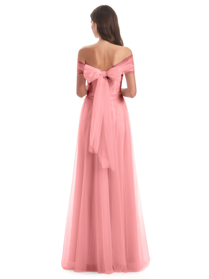 Sylvie Off The Shoulder Open Back Tulle Long Bridesmaid Dresses