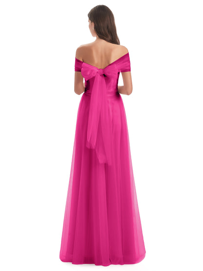 Sylvie Off The Shoulder Open Back Tulle Long Bridesmaid Dresses