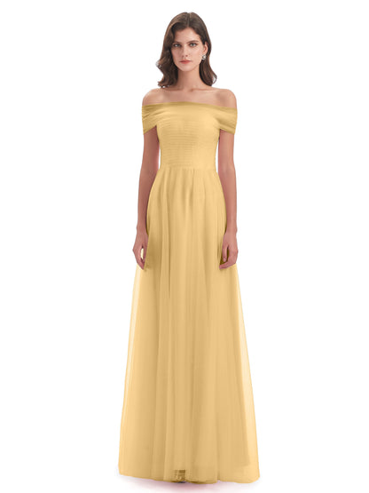 Sylvie Off The Shoulder Open Back Tulle Long Bridesmaid Dresses