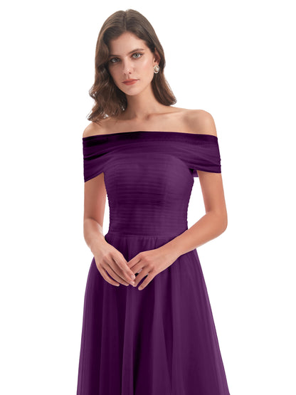 Sylvie Off The Shoulder Open Back Tulle Long Bridesmaid Dresses