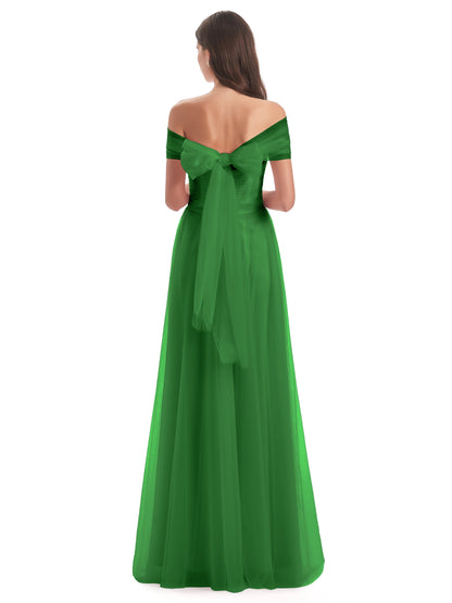 Sylvie Off The Shoulder Open Back Tulle Long Bridesmaid Dresses