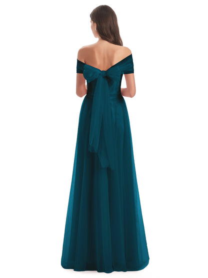 Sylvie Off The Shoulder Open Back Tulle Long Bridesmaid Dresses