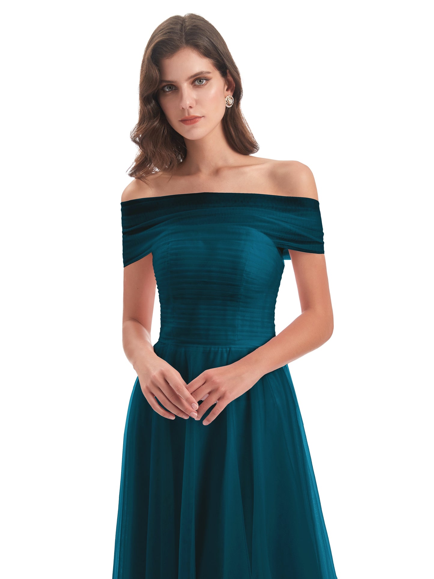 Sylvie Off The Shoulder Open Back Tulle Long Bridesmaid Dresses