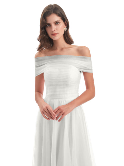 Sylvie Off The Shoulder Open Back Tulle Long Bridesmaid Dresses
