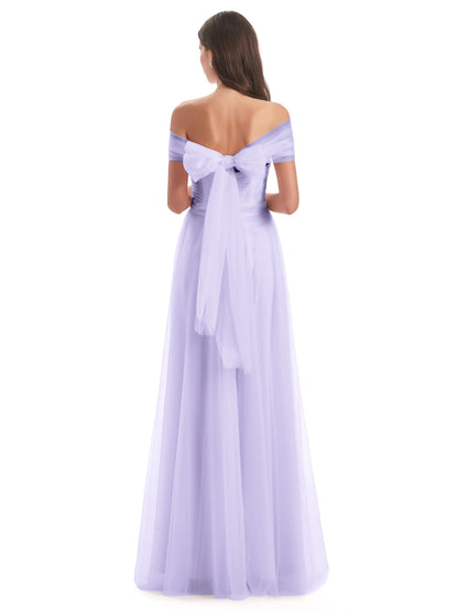 Sylvie Off The Shoulder Open Back Tulle Long Bridesmaid Dresses
