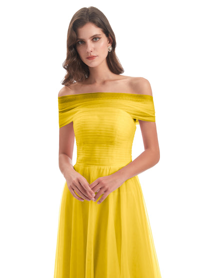Sylvie Off The Shoulder Open Back Tulle Long Bridesmaid Dresses