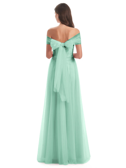 Sylvie Off The Shoulder Open Back Tulle Long Bridesmaid Dresses