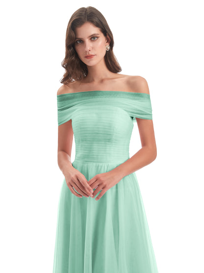 Sylvie Off The Shoulder Open Back Tulle Long Bridesmaid Dresses