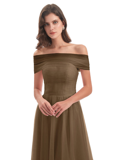 Sylvie Off The Shoulder Open Back Tulle Long Bridesmaid Dresses