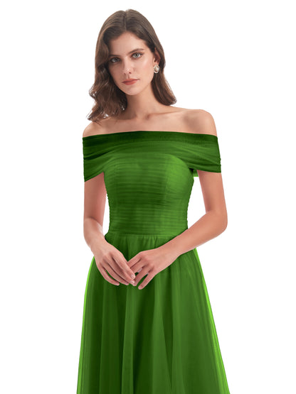 Sylvie Off The Shoulder Open Back Tulle Long Bridesmaid Dresses