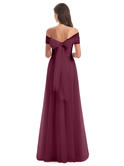 Sylvie Off The Shoulder Open Back Tulle Long Bridesmaid Dresses