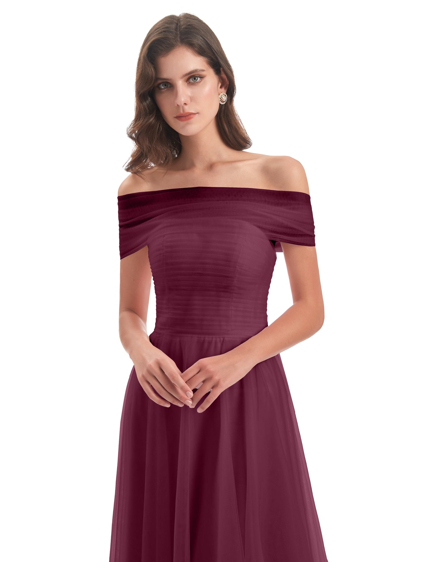 Sylvie Off The Shoulder Open Back Tulle Long Bridesmaid Dresses