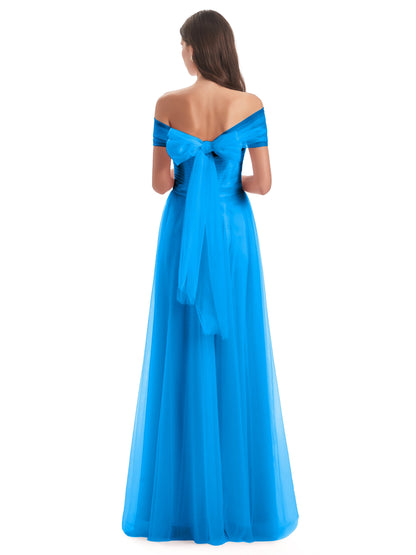 Sylvie Off The Shoulder Open Back Tulle Long Bridesmaid Dresses