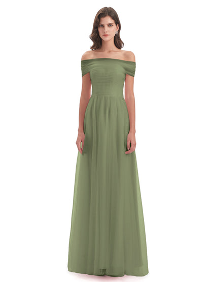 Sylvie Off The Shoulder Open Back Tulle Long Bridesmaid Dresses