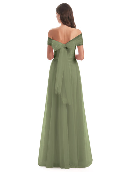 Sylvie Off The Shoulder Open Back Tulle Long Bridesmaid Dresses