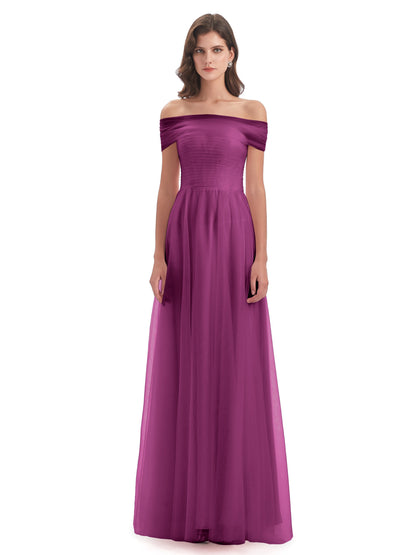 Sylvie Off The Shoulder Open Back Tulle Long Bridesmaid Dresses