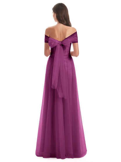 Sylvie Off The Shoulder Open Back Tulle Long Bridesmaid Dresses