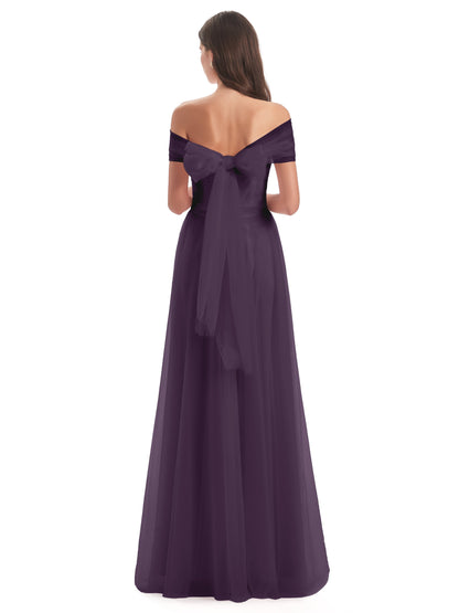 Sylvie Off The Shoulder Open Back Tulle Long Bridesmaid Dresses