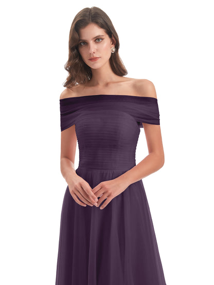 Sylvie Off The Shoulder Open Back Tulle Long Bridesmaid Dresses