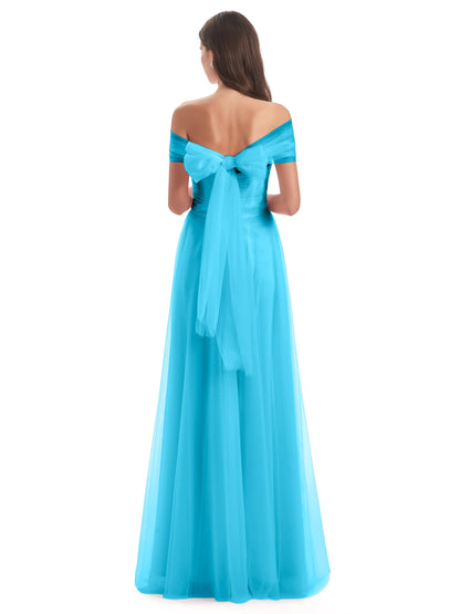 Sylvie Off The Shoulder Open Back Tulle Long Bridesmaid Dresses