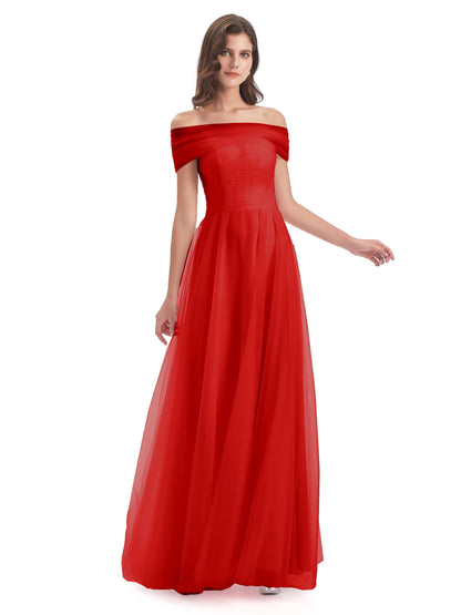 Sylvie Off The Shoulder Open Back Tulle Long Bridesmaid Dresses
