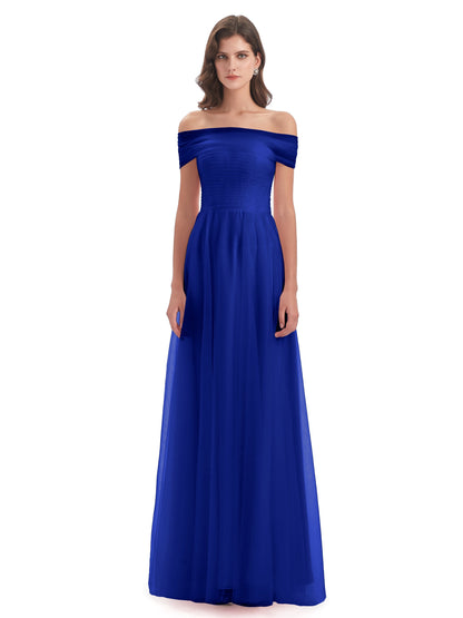 Sylvie Off The Shoulder Open Back Tulle Long Bridesmaid Dresses