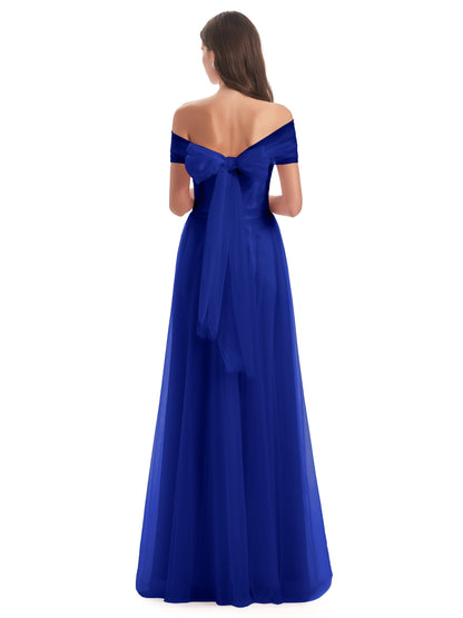 Sylvie Off The Shoulder Open Back Tulle Long Bridesmaid Dresses
