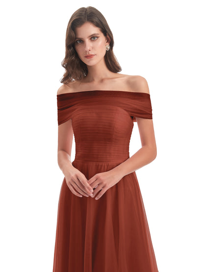 Sylvie Off The Shoulder Open Back Tulle Long Bridesmaid Dresses