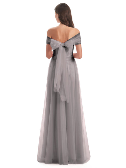 Sylvie Off The Shoulder Open Back Tulle Long Bridesmaid Dresses