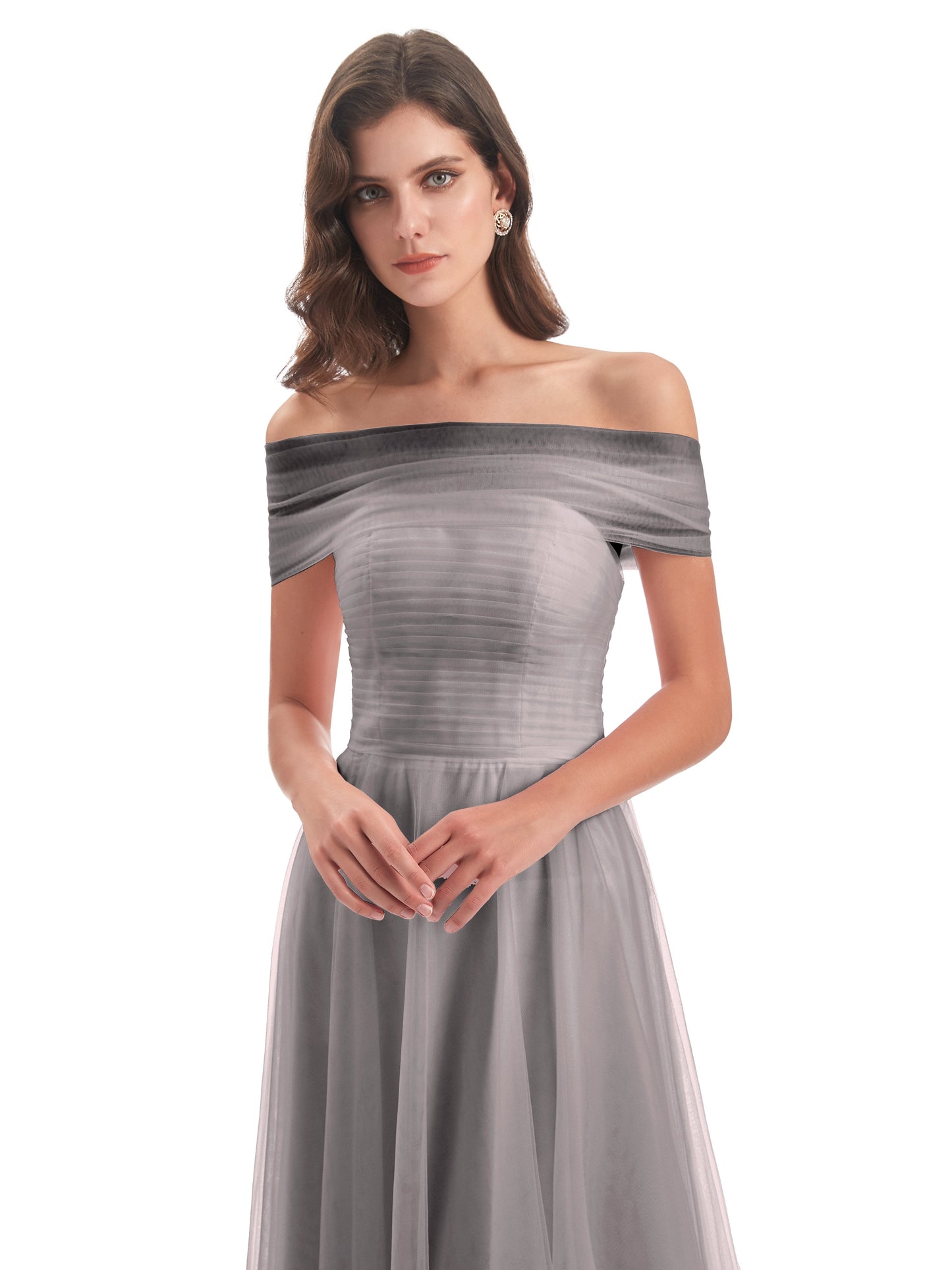 Sylvie Off The Shoulder Open Back Tulle Long Bridesmaid Dresses