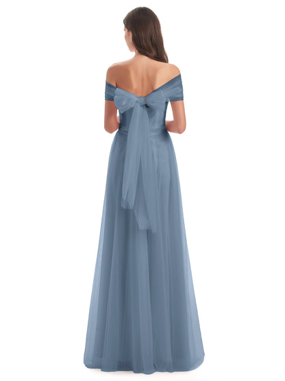 Sylvie Off The Shoulder Open Back Tulle Long Bridesmaid Dresses