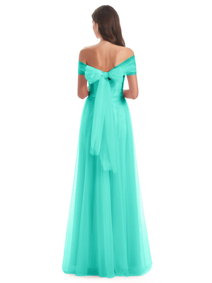 Sylvie Off The Shoulder Open Back Tulle Long Bridesmaid Dresses