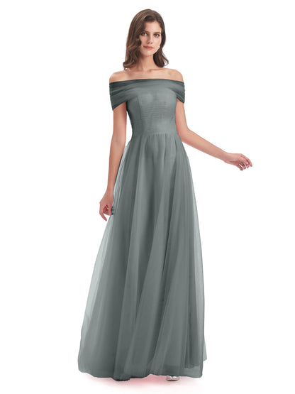 Sylvie Off The Shoulder Open Back Tulle Long Bridesmaid Dresses