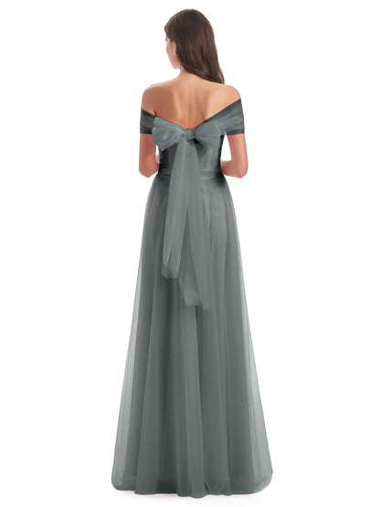 Sylvie Off The Shoulder Open Back Tulle Long Bridesmaid Dresses