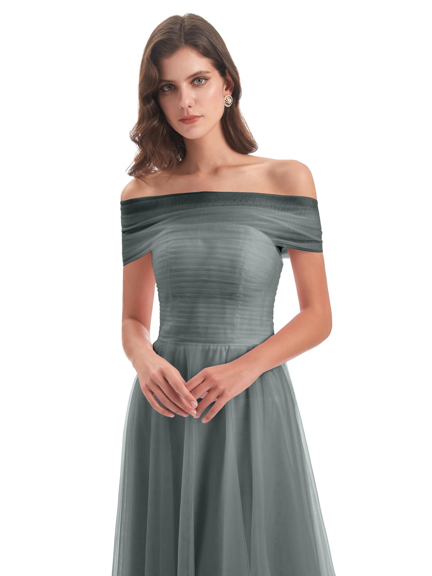 Sylvie Off The Shoulder Open Back Tulle Long Bridesmaid Dresses