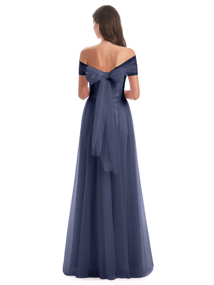 Sylvie Off The Shoulder Open Back Tulle Long Bridesmaid Dresses