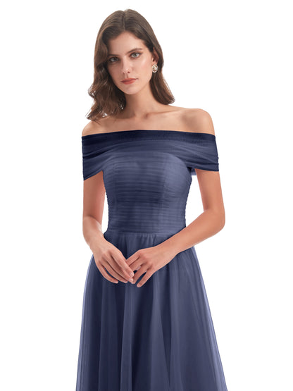 Sylvie Off The Shoulder Open Back Tulle Long Bridesmaid Dresses