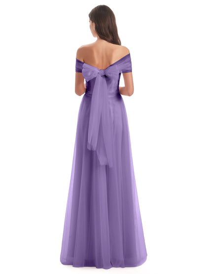 Sylvie Off The Shoulder Open Back Tulle Long Bridesmaid Dresses