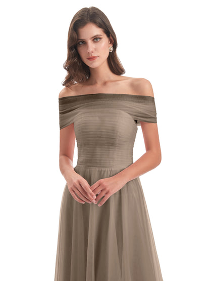 Sylvie Off The Shoulder Open Back Tulle Long Bridesmaid Dresses