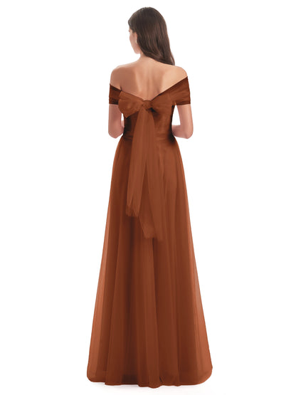 Sylvie Off The Shoulder Open Back Tulle Long Bridesmaid Dresses