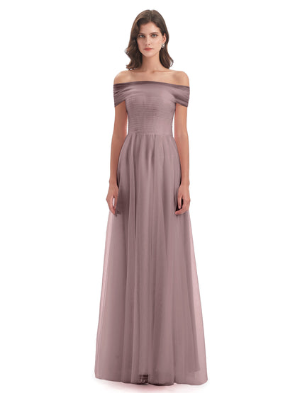Sylvie Off The Shoulder Open Back Tulle Long Bridesmaid Dresses
