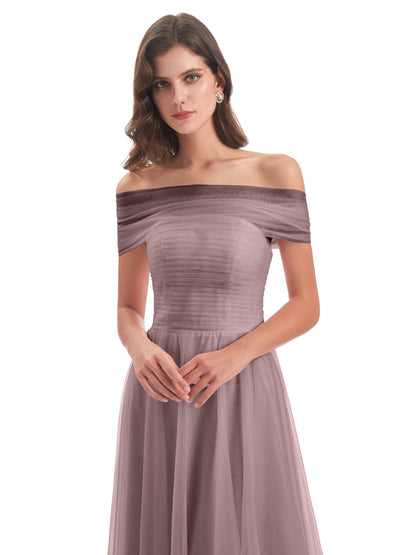 Sylvie Off The Shoulder Open Back Tulle Long Bridesmaid Dresses