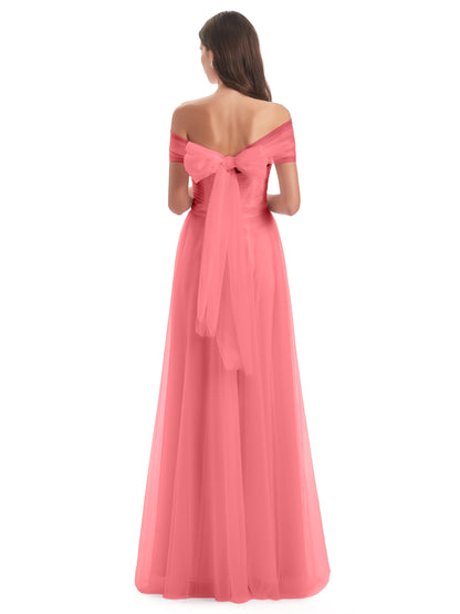 Sylvie Off The Shoulder Open Back Tulle Long Bridesmaid Dresses
