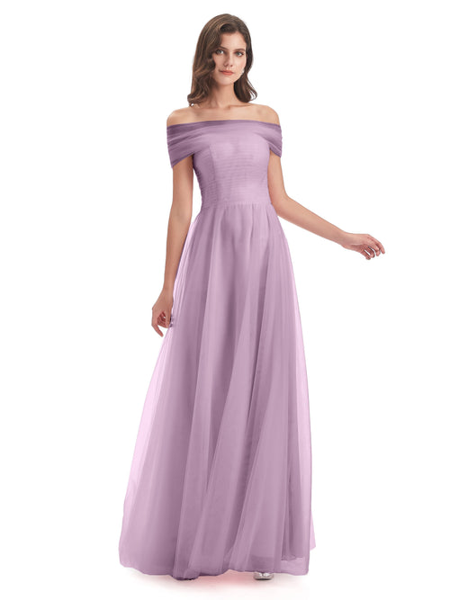 Sylvie Off The Shoulder Open Back Tulle Long Bridesmaid Dresses