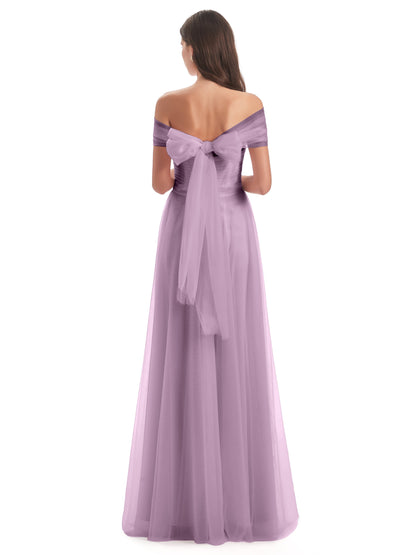 Sylvie Off The Shoulder Open Back Tulle Long Bridesmaid Dresses