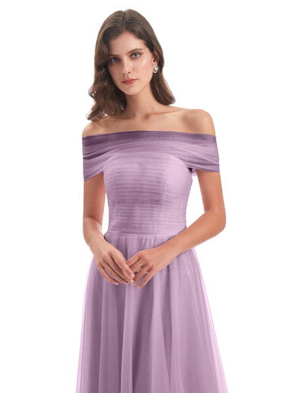Sylvie Off The Shoulder Open Back Tulle Long Bridesmaid Dresses