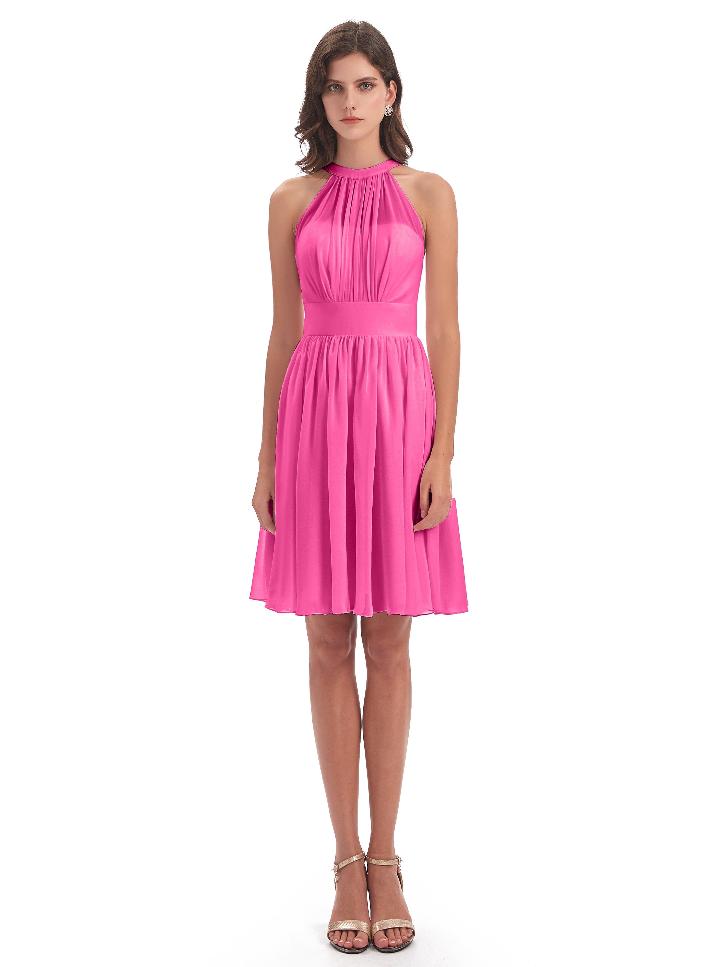 Tegan Knee Length Halter Chiffon Bridesmaid Dresses