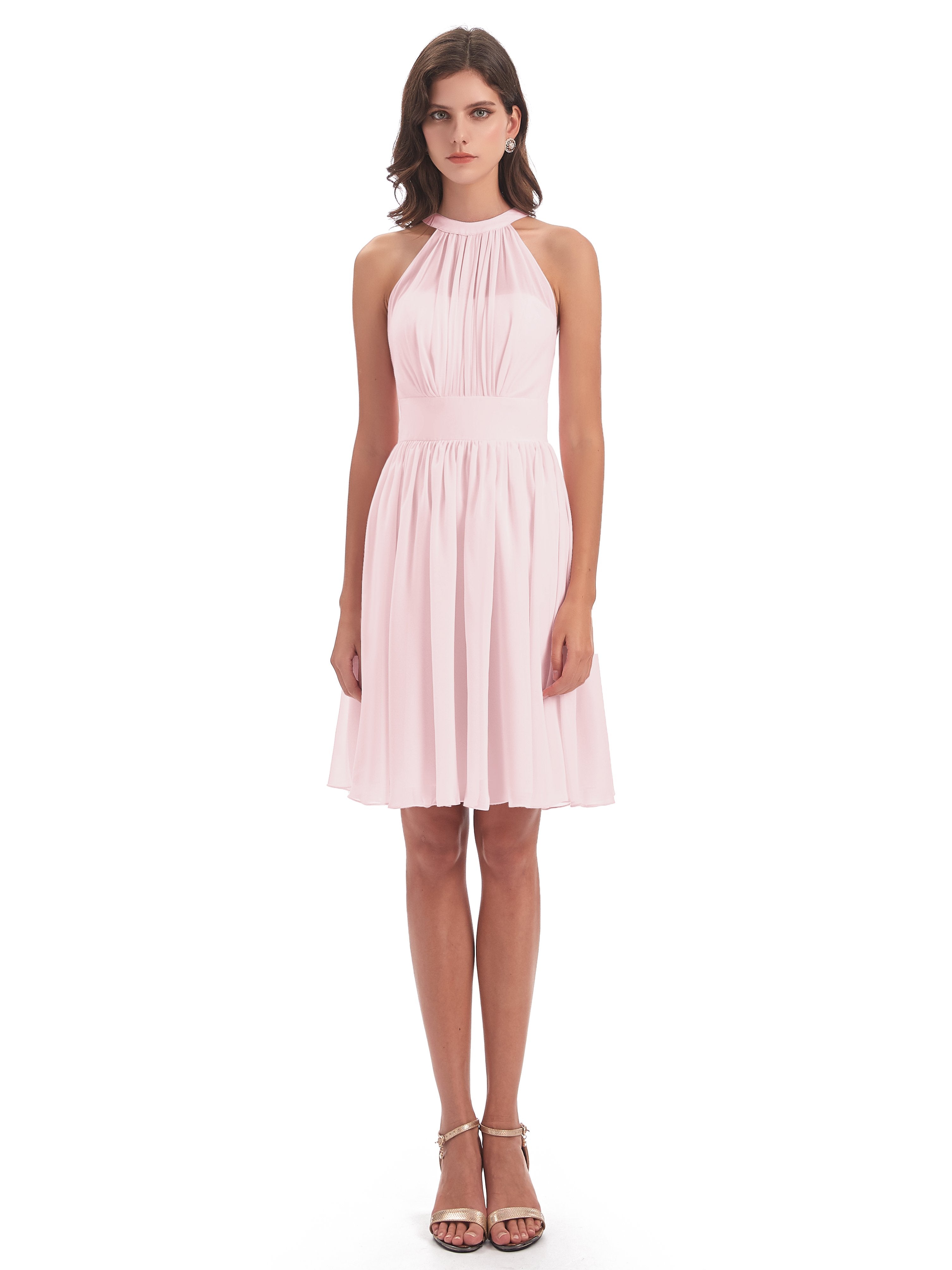 Tegan Knee Length Halter Chiffon Bridesmaid Dresses
