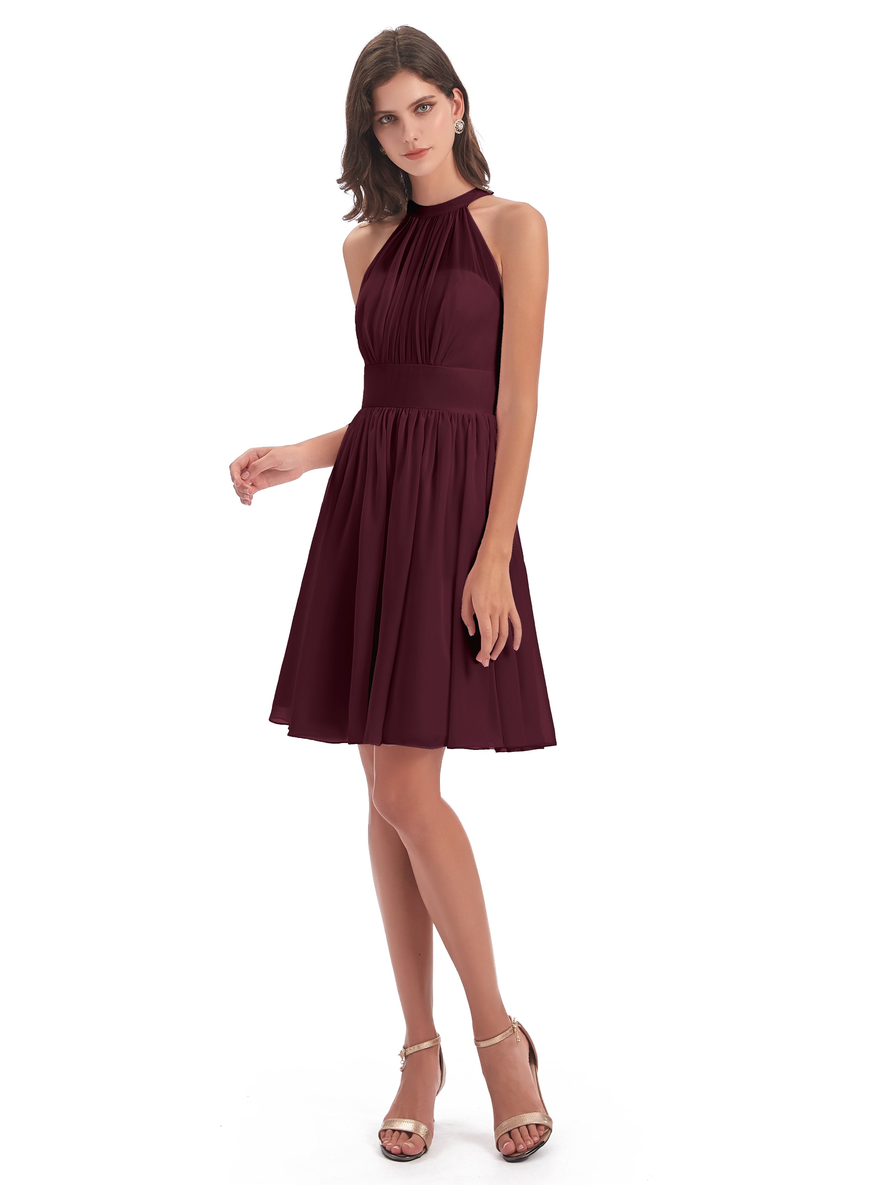 Tegan Knee Length Halter Chiffon Bridesmaid Dresses