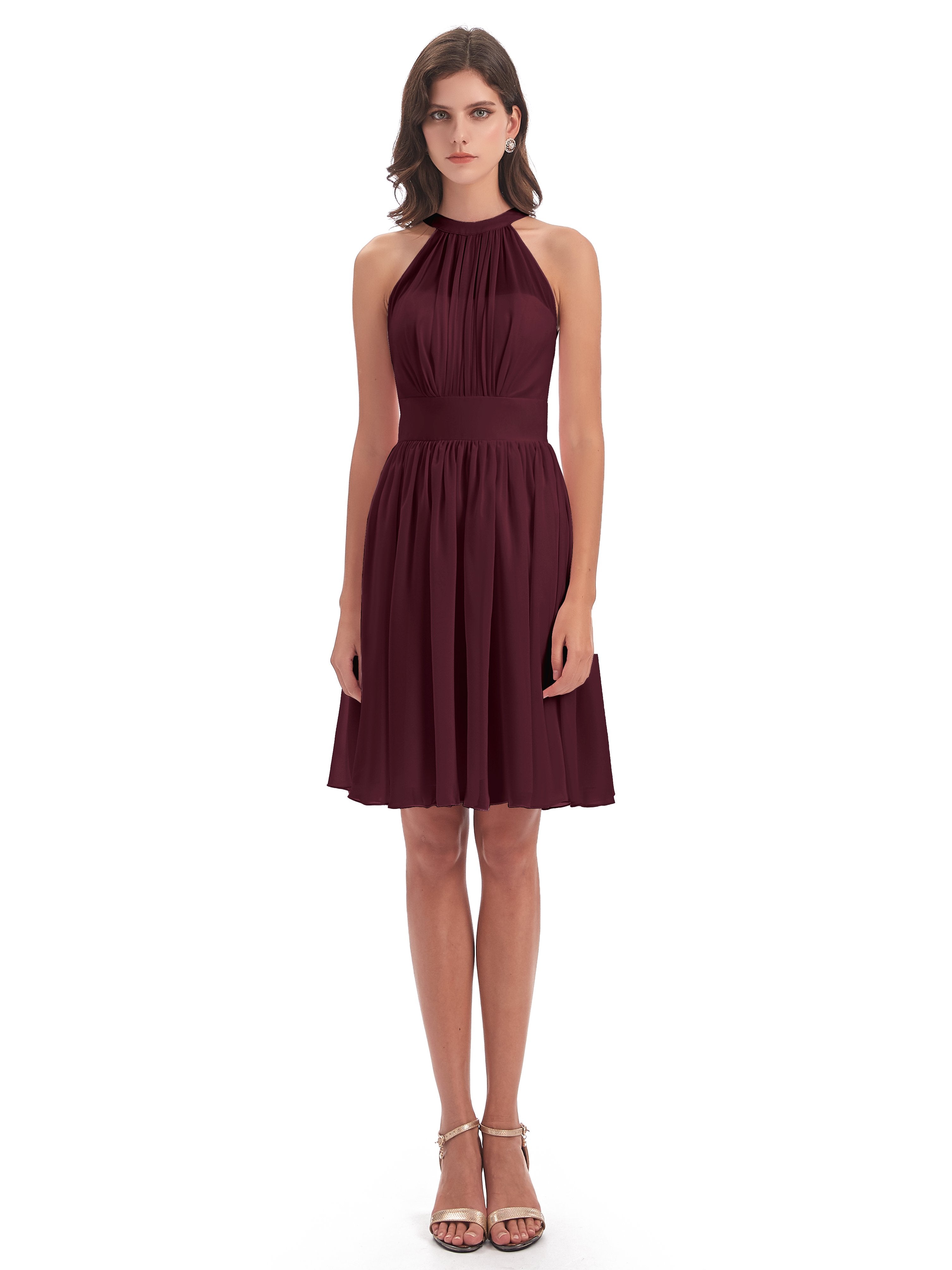 Tegan Knee Length Halter Chiffon Bridesmaid Dresses
